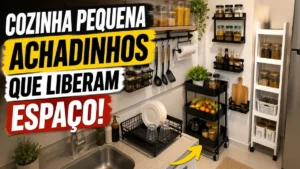 Achadinhos de cozinha pequena organizada com suportes de parede, escorredor compacto, carrinho auxiliar, prateleira estreita e potes organizadores.