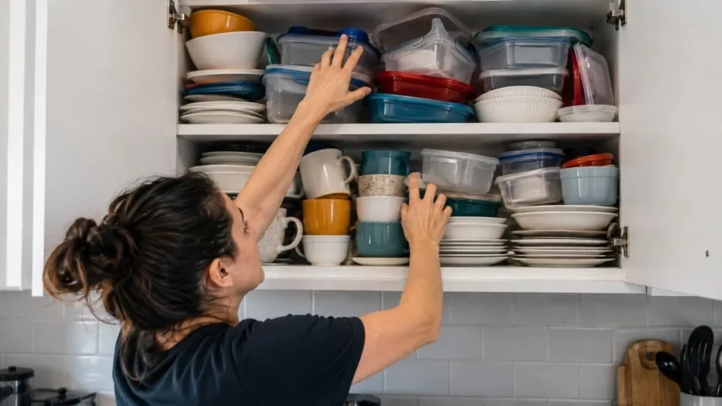 Mulher organiza armário de cozinha cheio com pratos, copos, canecas e potes empilhados, mostrando a dificuldade de manter tudo acessível no dia a dia.
