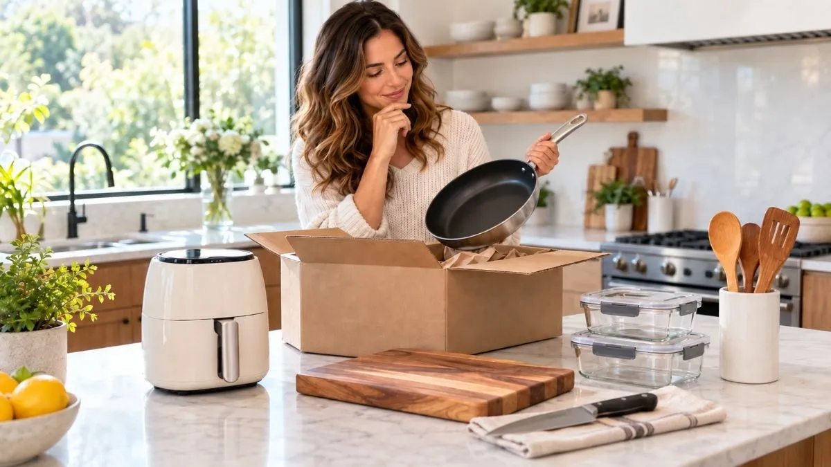 Mulher avalia panela nova ao lado de air fryer, tábua, faca e potes recém-chegados para a cozinha.