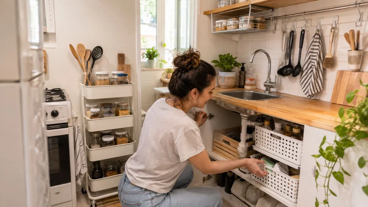 Mulher organiza cozinha pequena de apartamento alugado com carrinho estreito, cestos e suportes removíveis sem furar paredes.