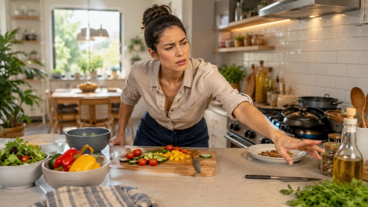 Mulher preparando uma refeição em cozinha com utensílios, panelas e ingredientes distribuídos em diferentes pontos da bancada.