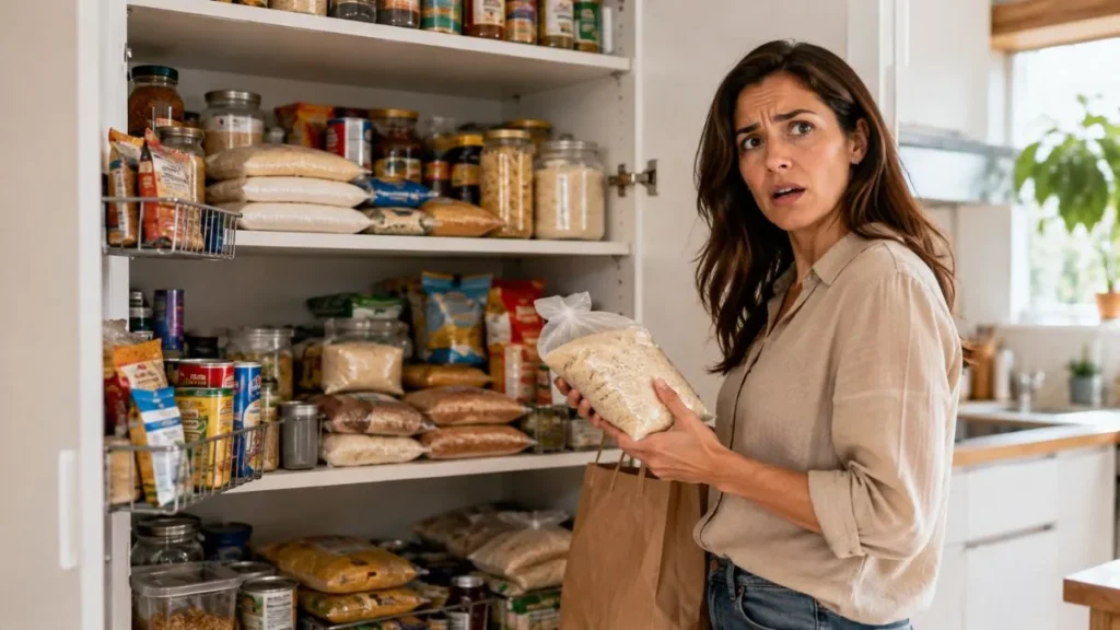 Mulher surpresa diante de uma despensa cheia de mantimentos e produtos repetidos, segurando um novo pacote de arroz.