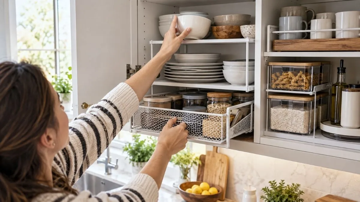 Pessoa tenta retirar uma tigela de armário de cozinha organizado com prateleiras, cestos e potes que dificultam o acesso aos objetos.