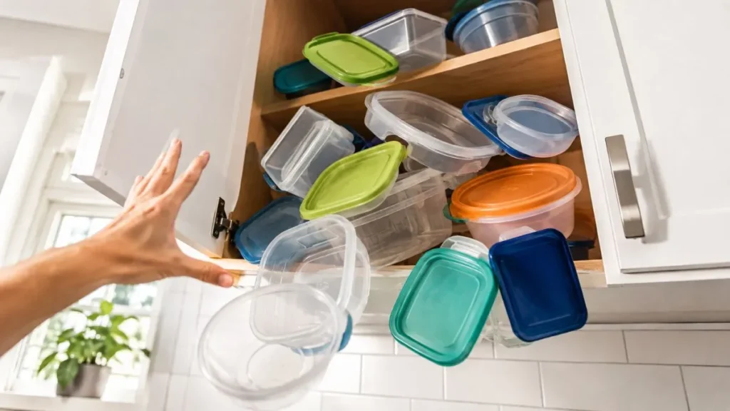 Potes plásticos e tampas coloridas caindo de um armário de cozinha enquanto uma pessoa tenta segurá-los.