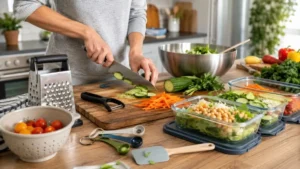 Pessoa corta pepino em tábua de madeira com faca, ralador, descascador, medidores, tigela e potes com salada sobre bancada de cozinha organizada.