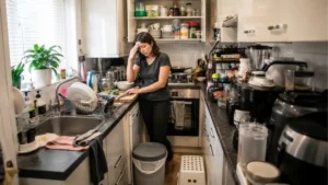 Cozinha pequena com bancada cheia, armários abertos, pia ocupada e moradora incomodada com a falta de espaço na rotina.