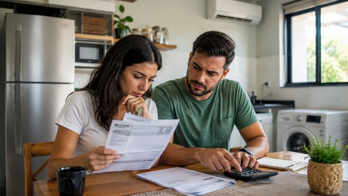 Casal analisa a conta de luz em casa, com calculadora sobre a mesa e eletrodomésticos ao fundo.