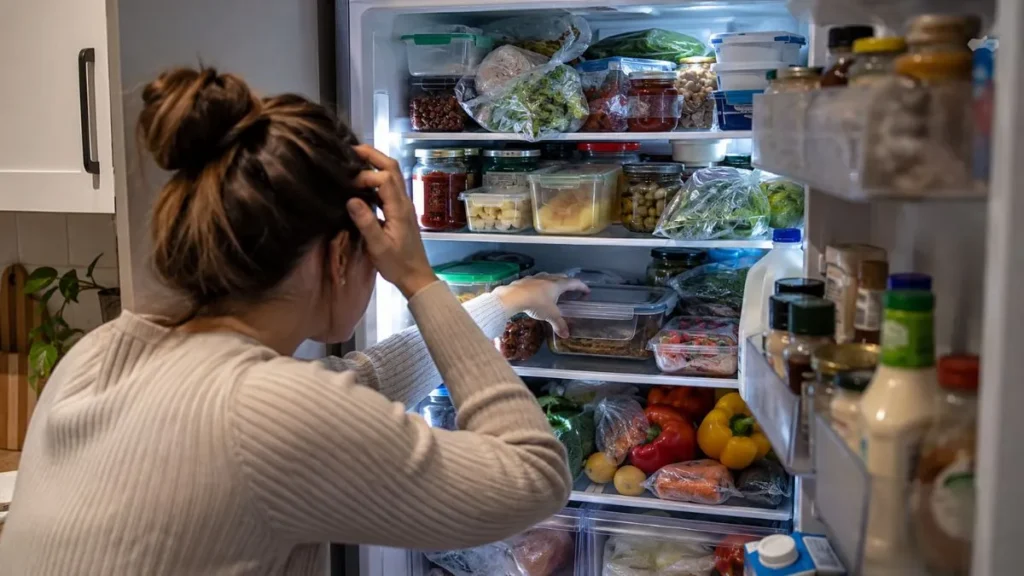 Mulher procura alimentos em uma geladeira cheia, com potes, verduras, molhos e embalagens ocupando as prateleiras.