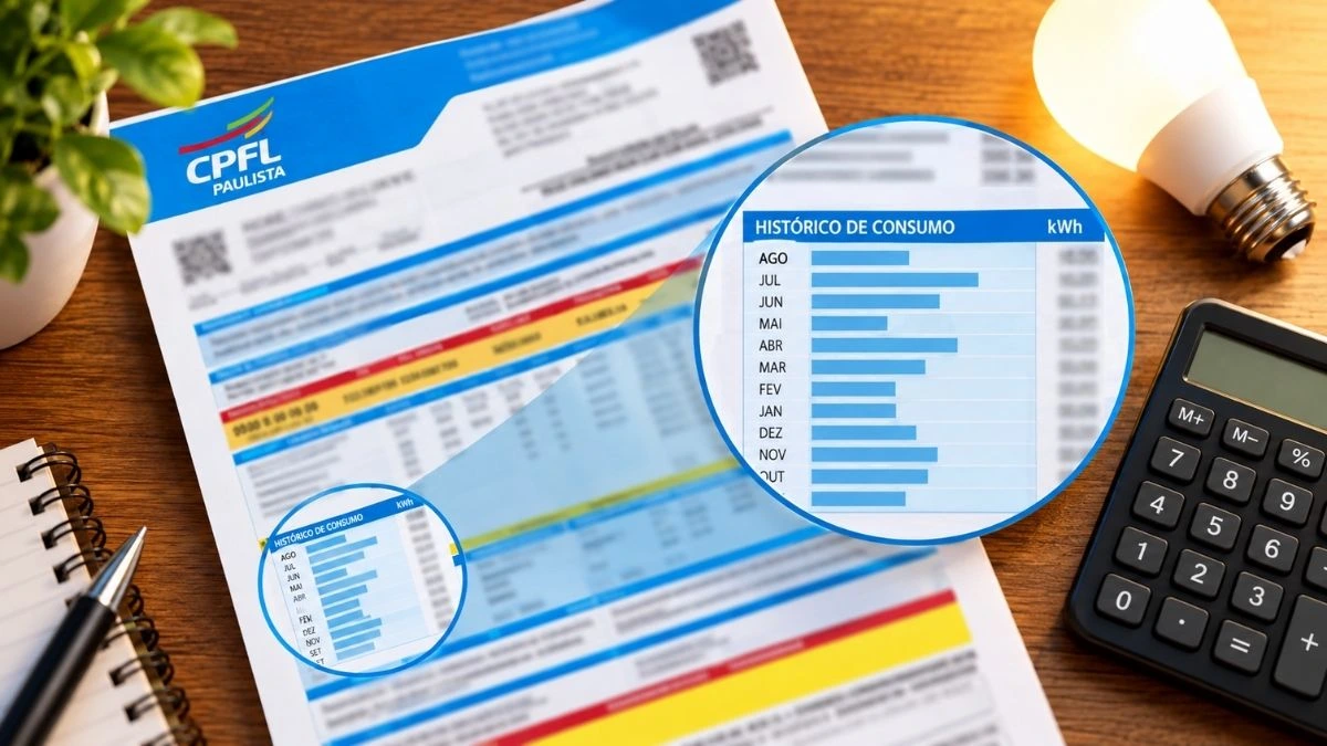 Conta de energia da CPFL Paulista sobre mesa de madeira, com histórico de consumo em kWh ampliado, calculadora e lâmpada ao lado.