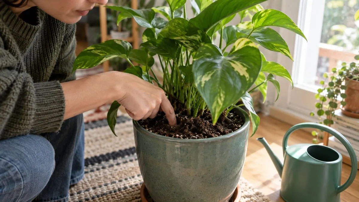 Pessoa verifica com o dedo a umidade do substrato de uma planta em vaso antes de decidir se é necessário regar.